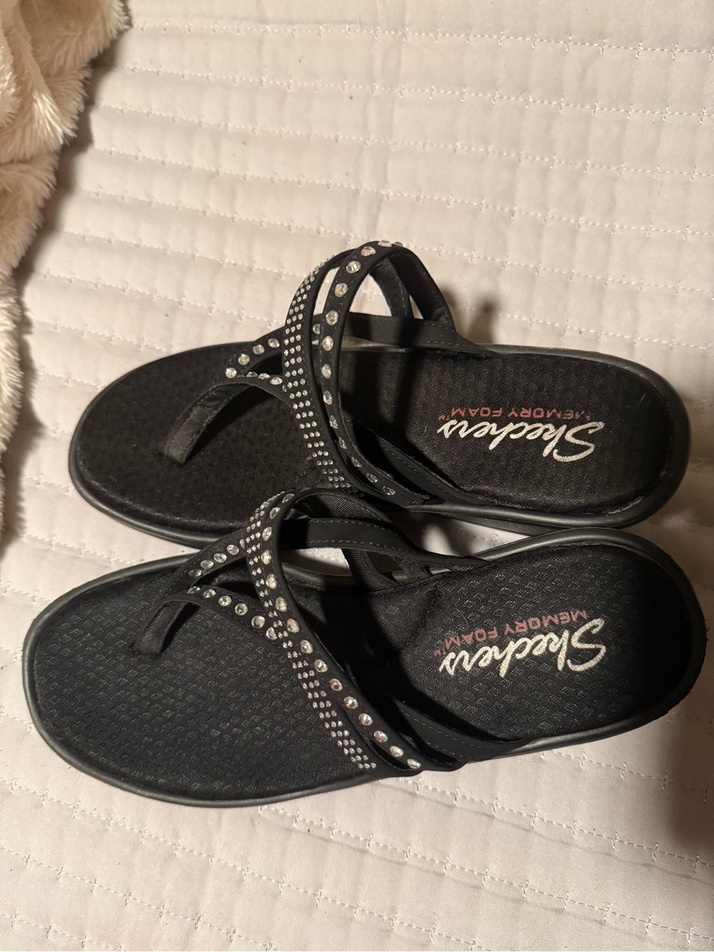 Skechers Black Rhinestone-Accent Thong Sandals